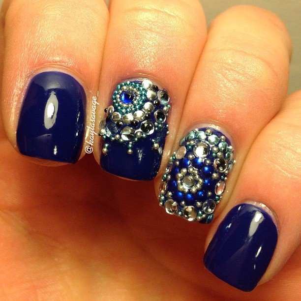 Blue Embellished Gem Nails