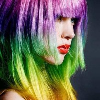 Layered Rainbow Hairstyle with Blunt Bangs