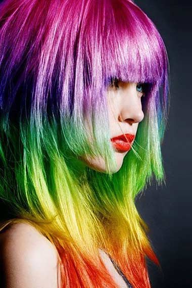 Layered Rainbow Hairstyle with Blunt Bangs