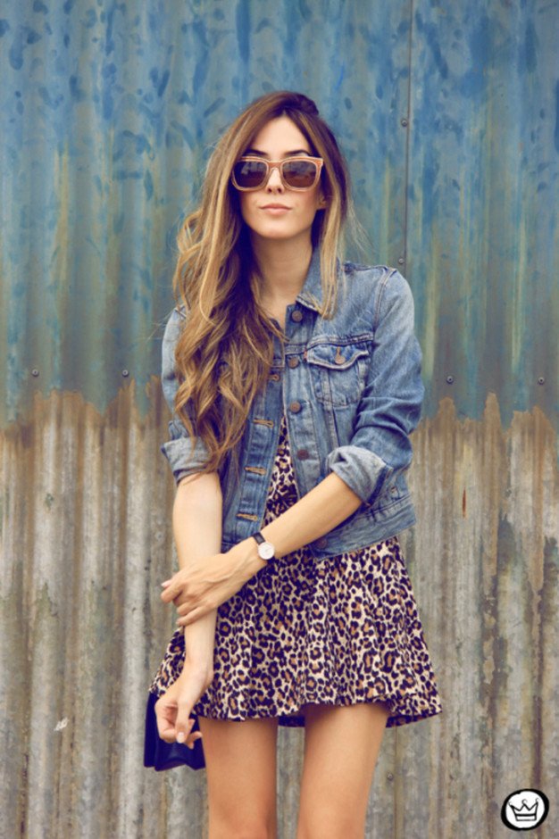 animal print dress with denim jacket