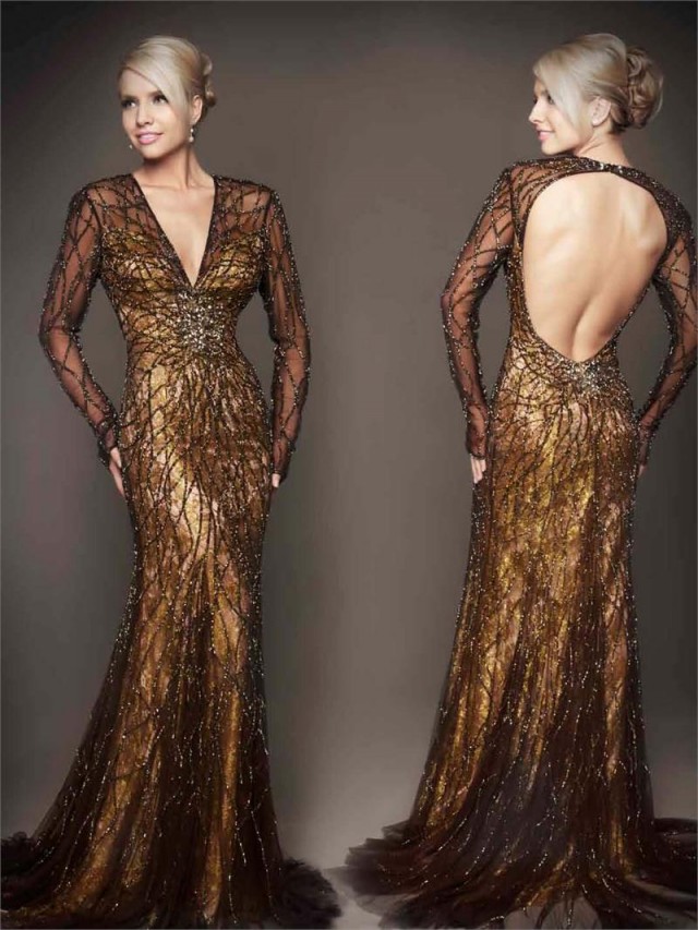 Mac Duggal Backless Golden Evening Dress