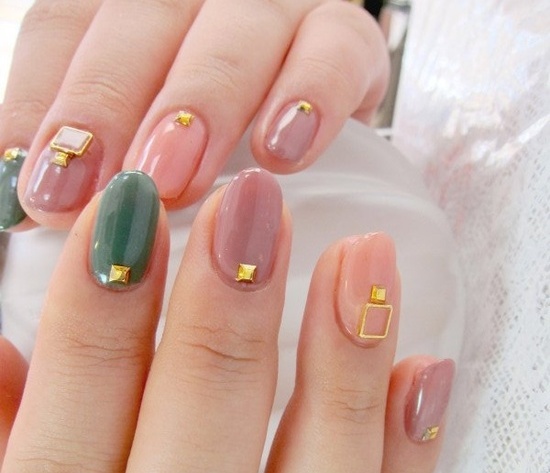 Peach and Gold Embellished Nail Art