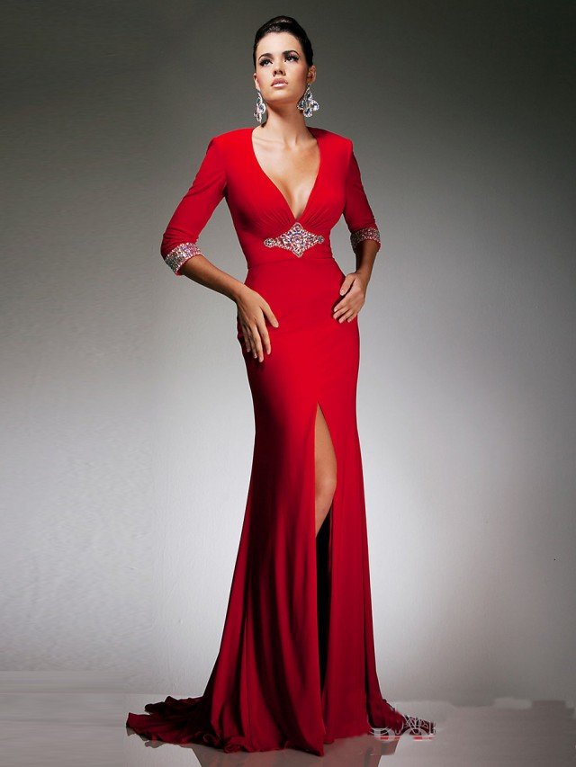 Red Chiffon High Slit Dress