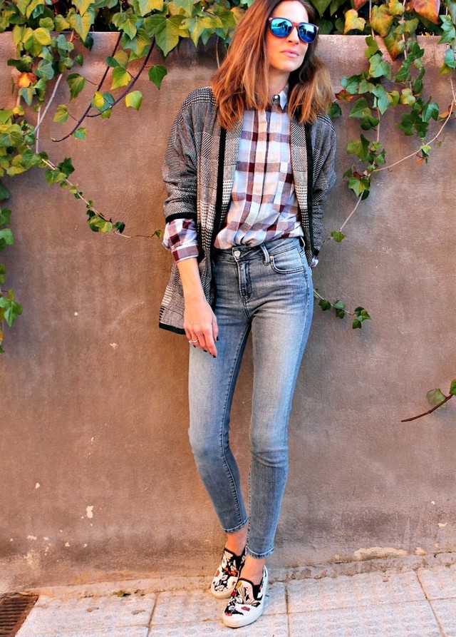 Stylish Outfit Idea with Plaid Blouse and Slip-on Shoes