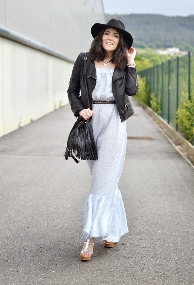 White Dress Outfit with Black Leather Jacket