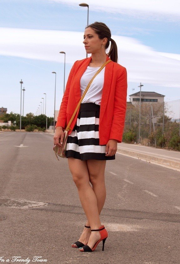 White Tee Outfit with Stripe Skirt