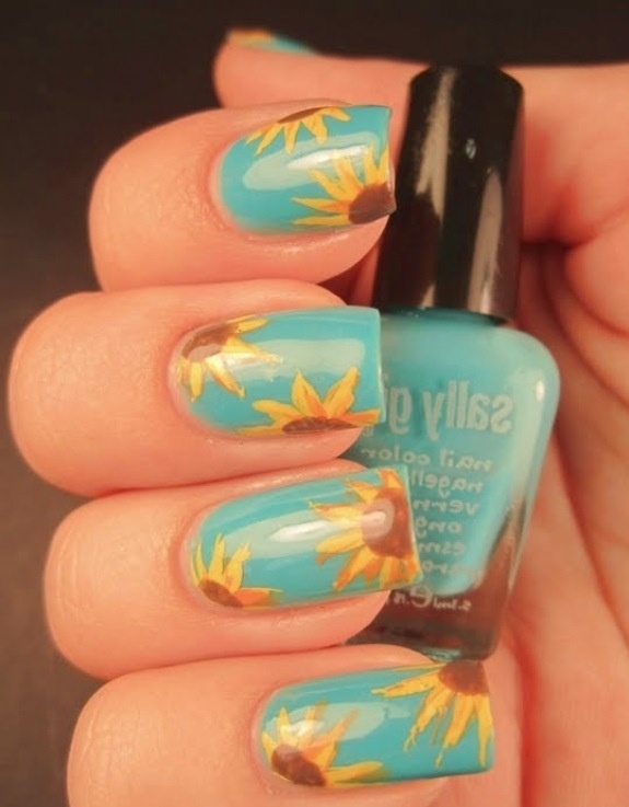 Blue Nails with Sunflower