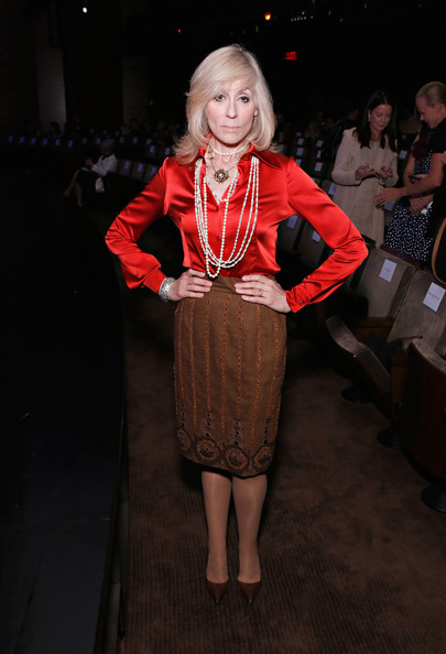 Judith Light Red Shirt with Pearl Necklace