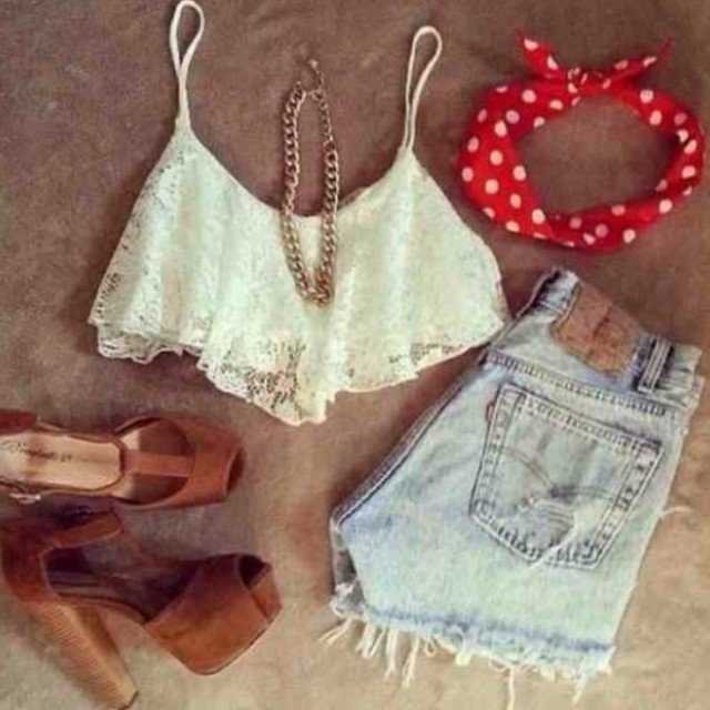 Lace Crop Top with Denim Shorts Outfit