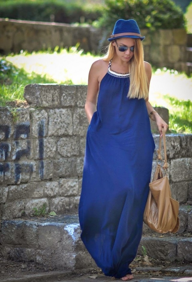 Navy Blue Maxi Dress with a Blue Hat