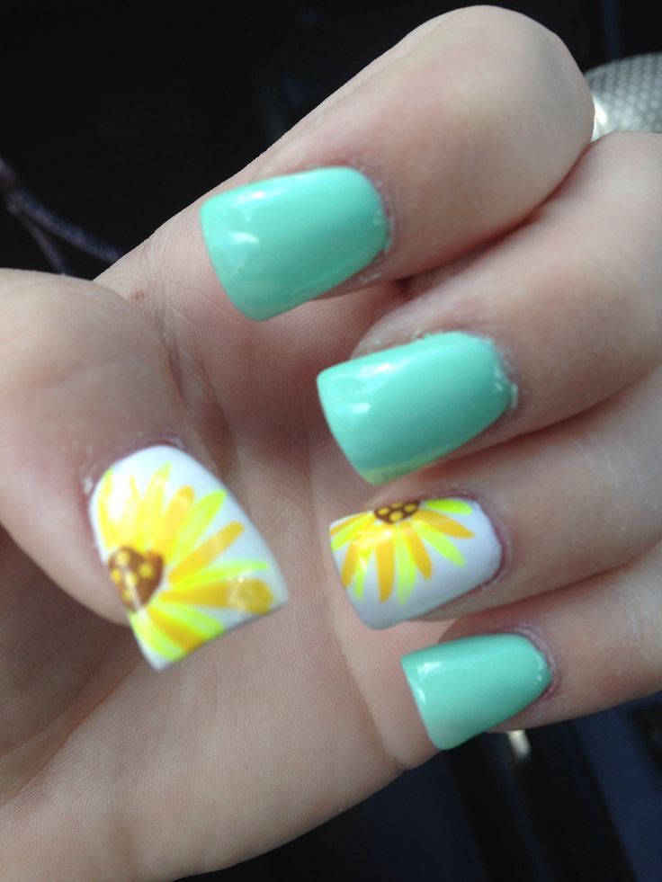 Pale Blue Nails with Sunflower