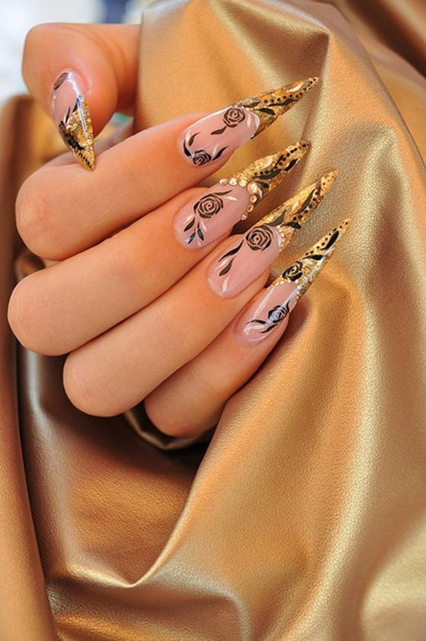 Pink and Golden Stiletto Nails Art Design