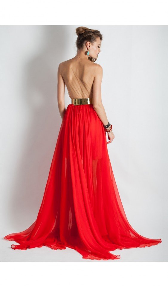 Red Gown with Metallic Belt