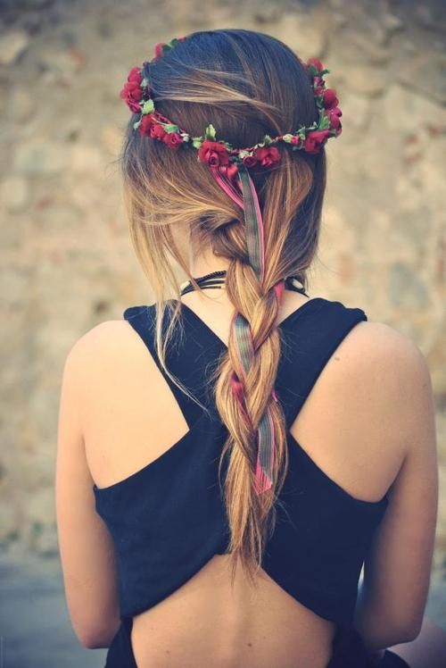 Ribbon Braided Hairstyle with Red Flower