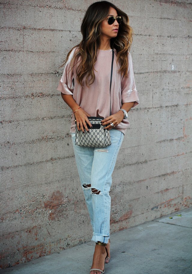 Ripped Jeans Outfit Idea with Ankle Strap Shoes
