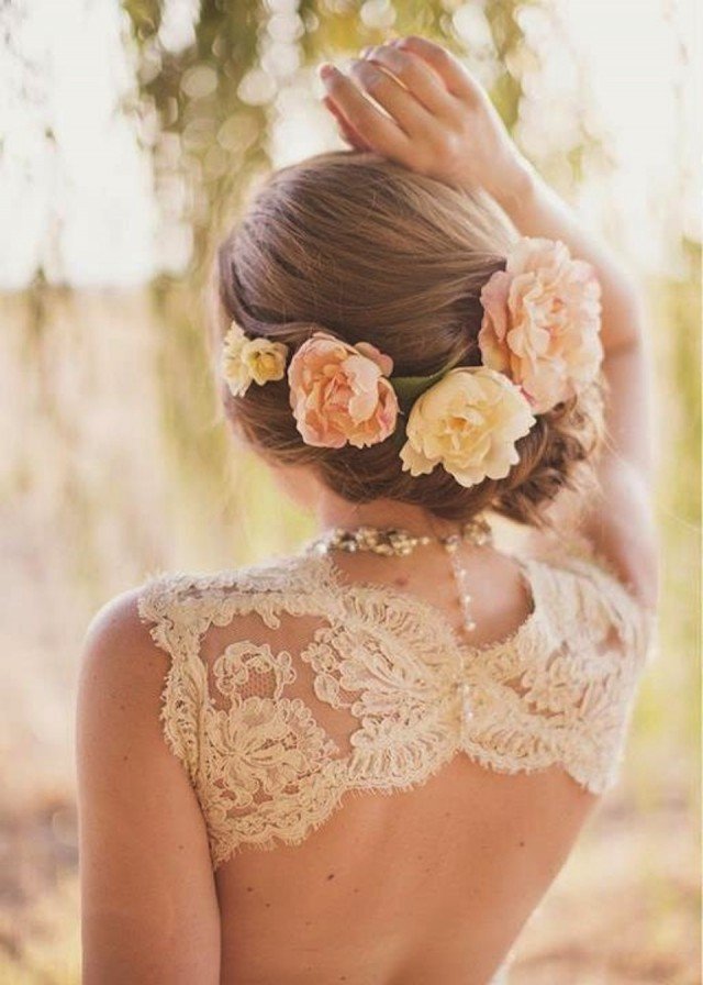 Side-swept Updo Wedding Hairstyle with Flowers