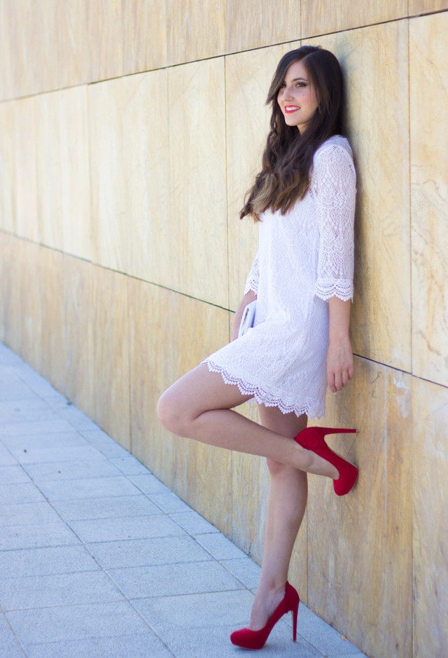 White Dress Outfit with Red Pumps