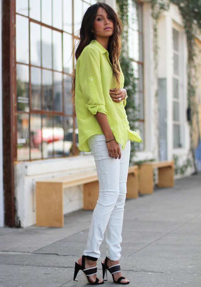 White Jeans Outfit Idea with Bright Colored Blouse