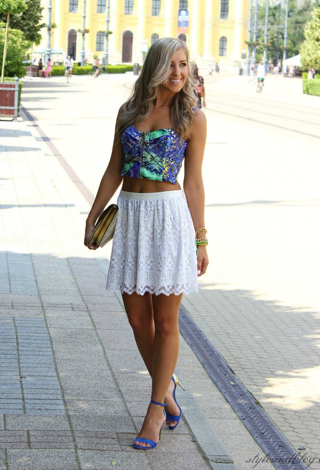 White Skirt Outfit with Blue Ankle Strap Shoes