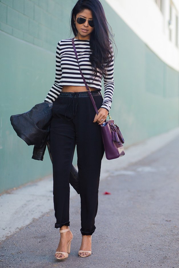 Black High Waisted Pants and Stripe Top