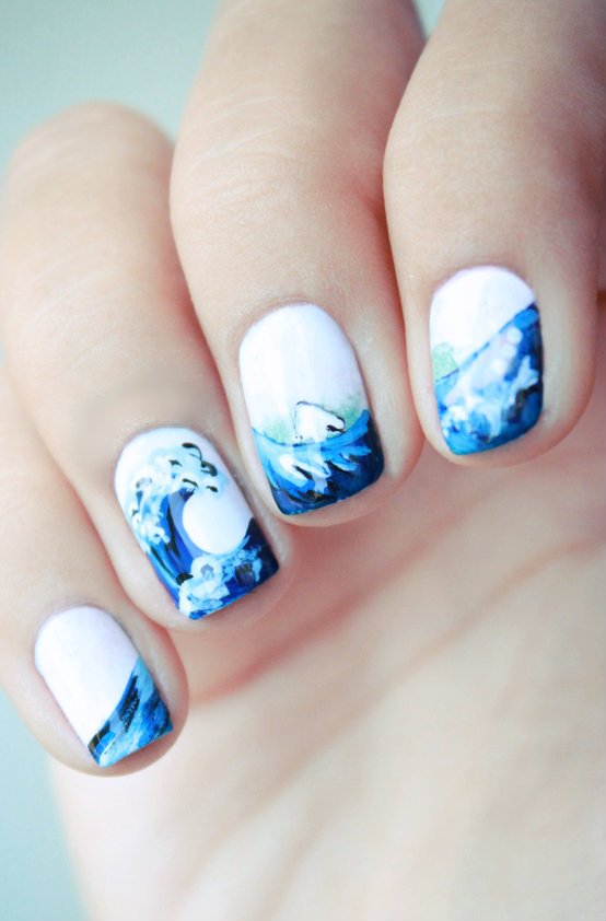 Blue and White Nails