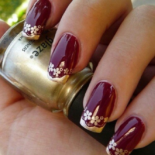 Burgundy Nail Design With Floral Print