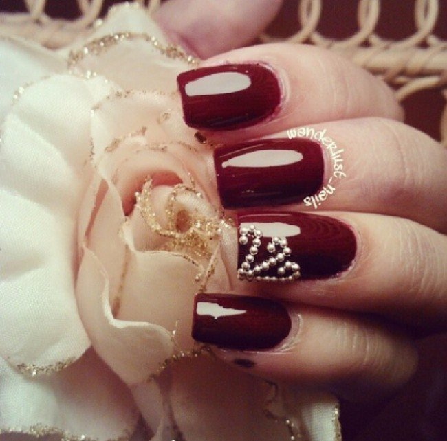 Burgundy Nail Design With Pearls