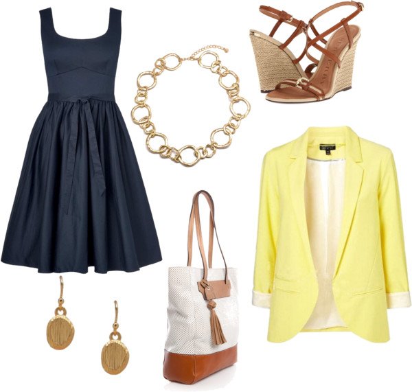 Fashionable Blue Dress Outfit with Yellow Blazer