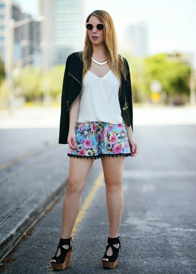 Floral Shorts Outfit Idea with Wedges