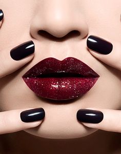 Glittering Burgundy Lips and Nails