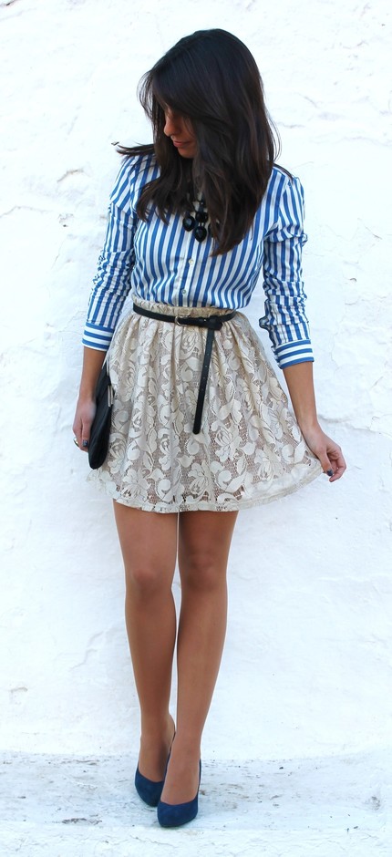Lace Short Skirt with Stripe Blouse