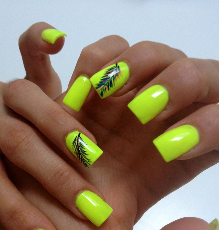 Neon Nail Design With Feathers