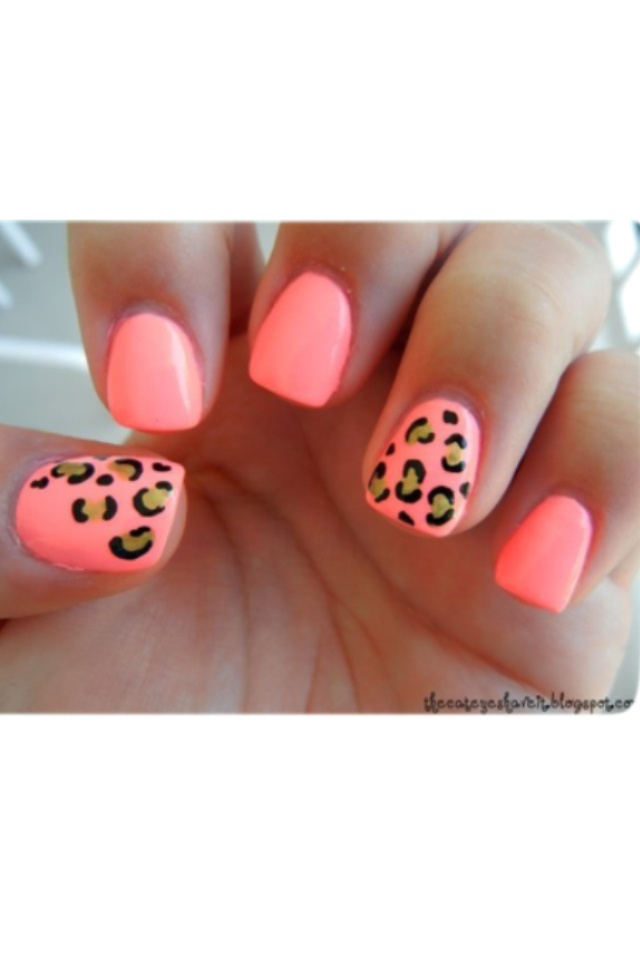 Neon Nail Design With Leopard Print