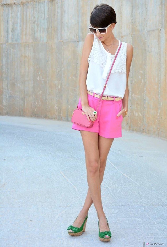 Pink Shorts and Green Wedges