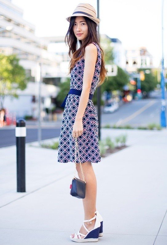 Printed Dress Outfit with Wedges