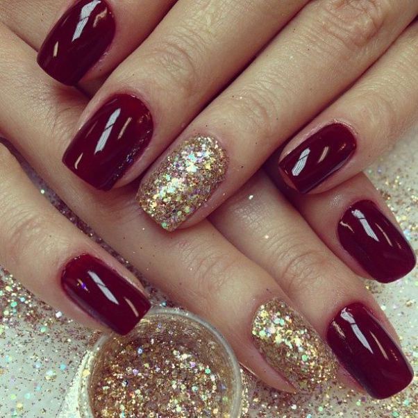 Red and Gold Glitter Nails