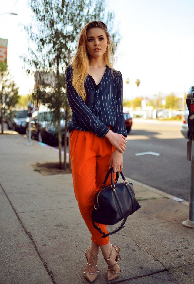 Stripe Blouse and Orange Pants