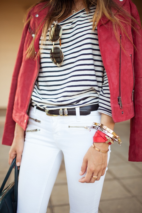 Stripe Outfit Idea with Red Jacket