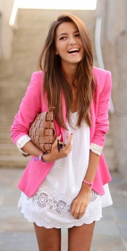 Sweet Outfit Idea with White Dress and Pink Blazer