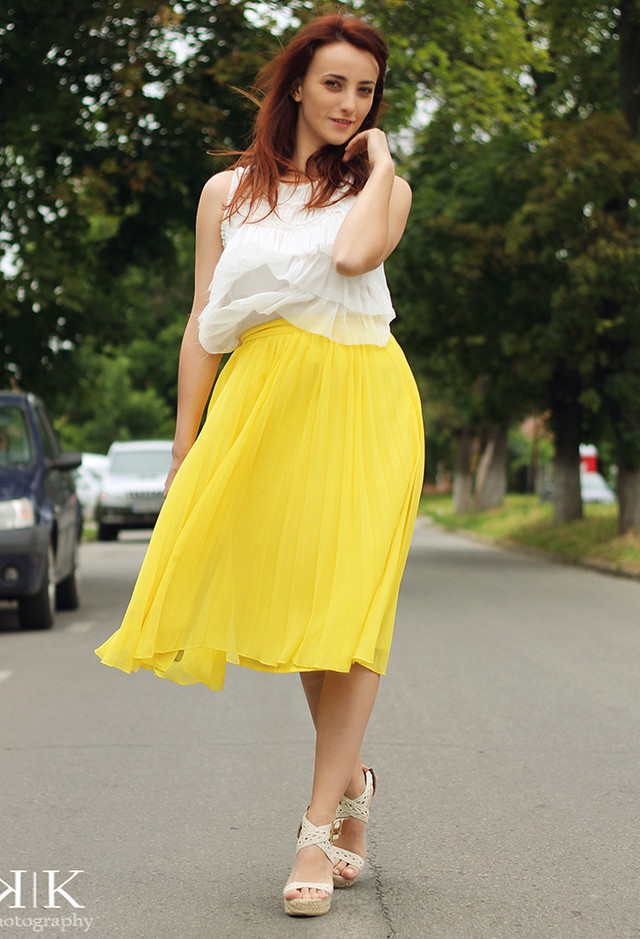 Yellow Dress and White Wedges