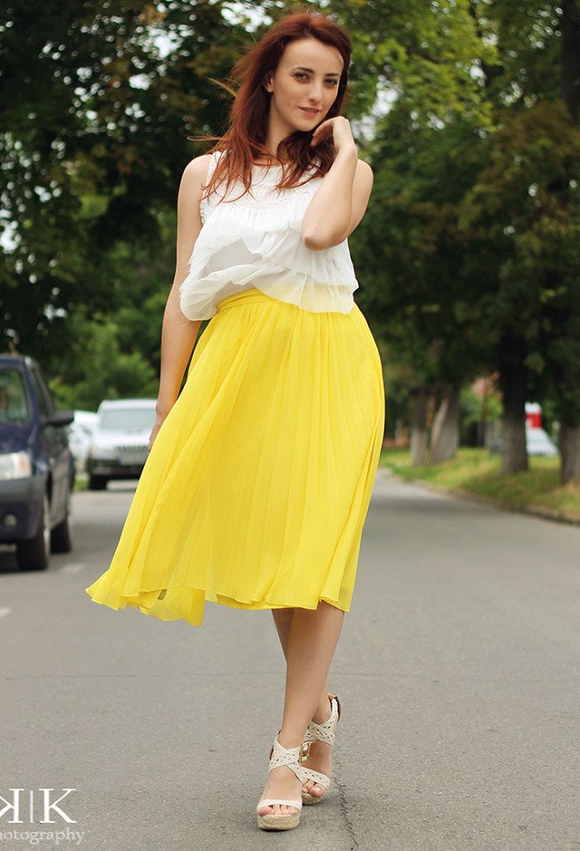 Yellow Skirt Outfit Idea with Wedges