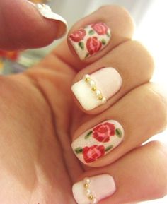 Beautiful Embellished Rose Nail Art Design