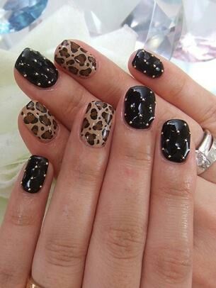 Black Embellished Leopard Nail Art Design