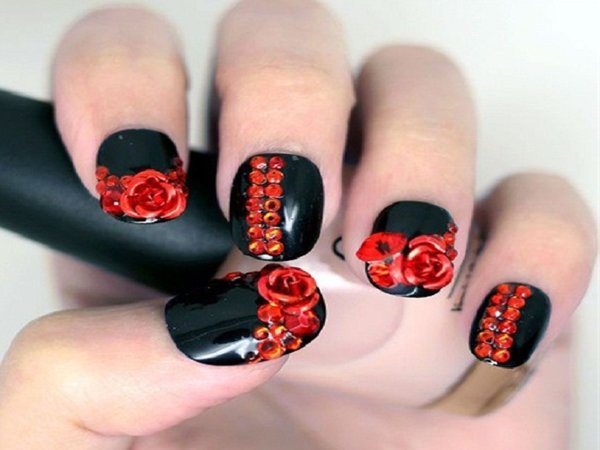 Black Nails With Red Roses and Rhinestones