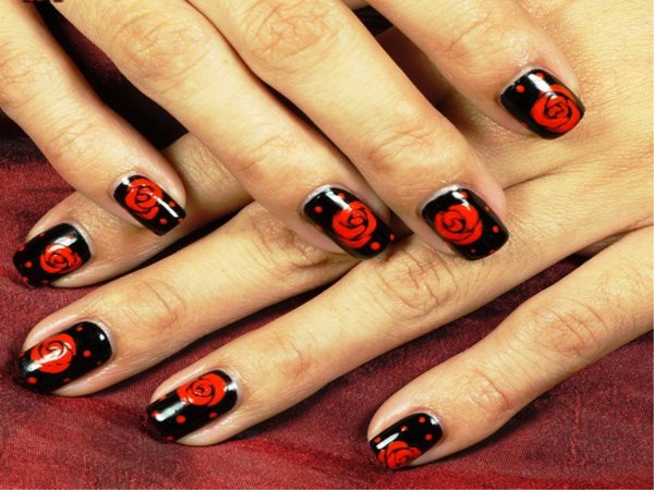 Black Nails With Red Roses and Dots