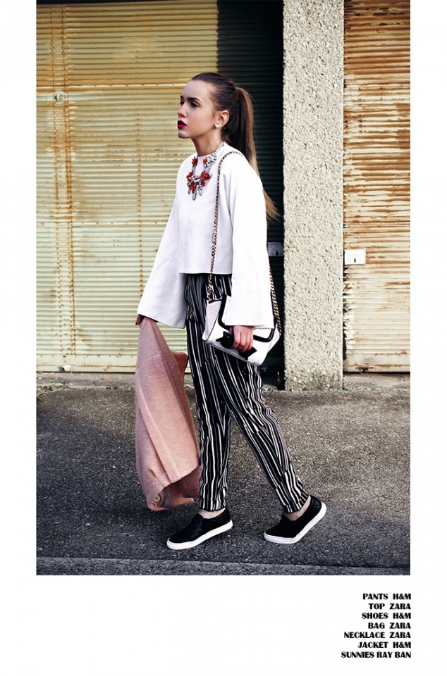 Chic White Outfit Idea with Stripe Pants
