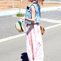 Chiffon Dress Outfit Idea with Denim Vest