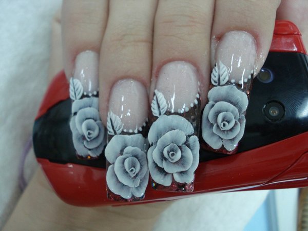Clear Nails With Painted White Roses