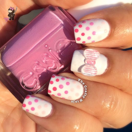 Dotted and Pink Bow Nail Design
