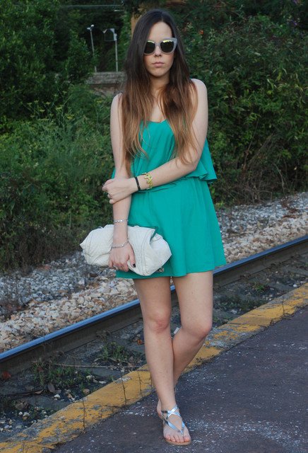 Green Dress Outfit Idea with Silver Shoes